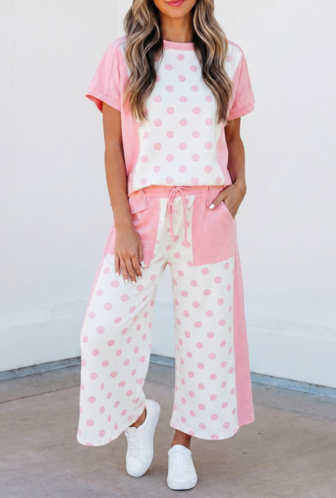 Pink Color Block Patchwork Polka Dot Wide Leg Set