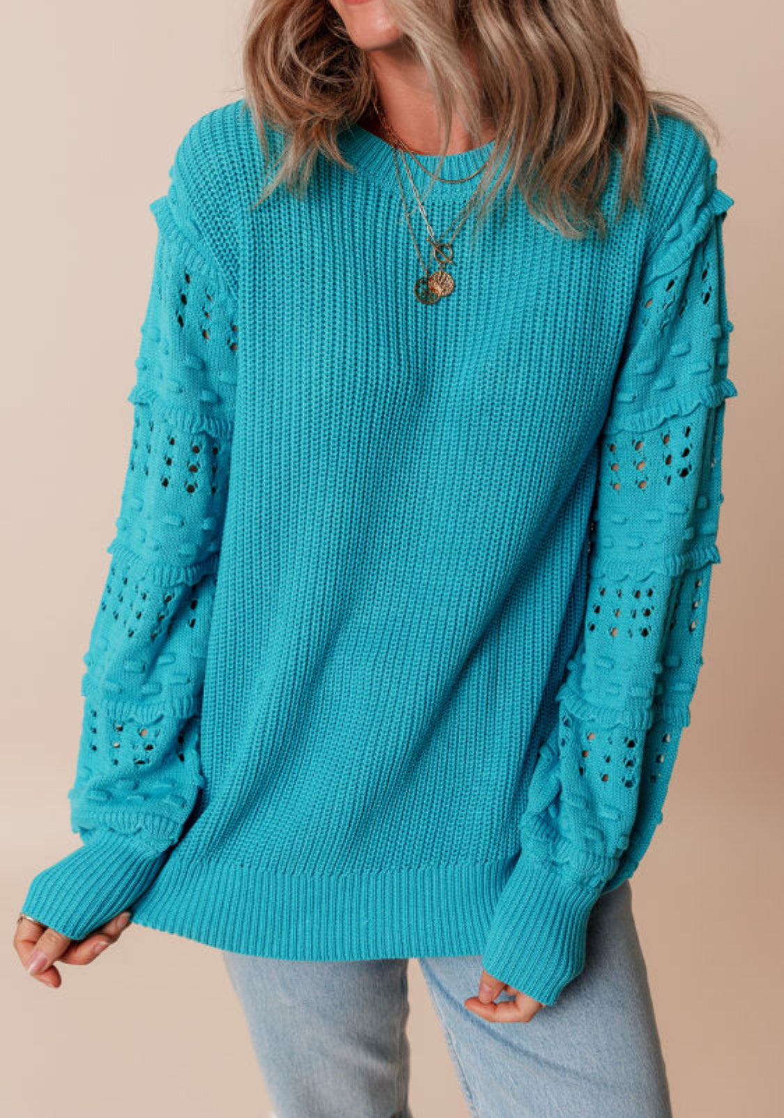 Turquoise Ruffled Eyelet Bubble Sleeve Sweater