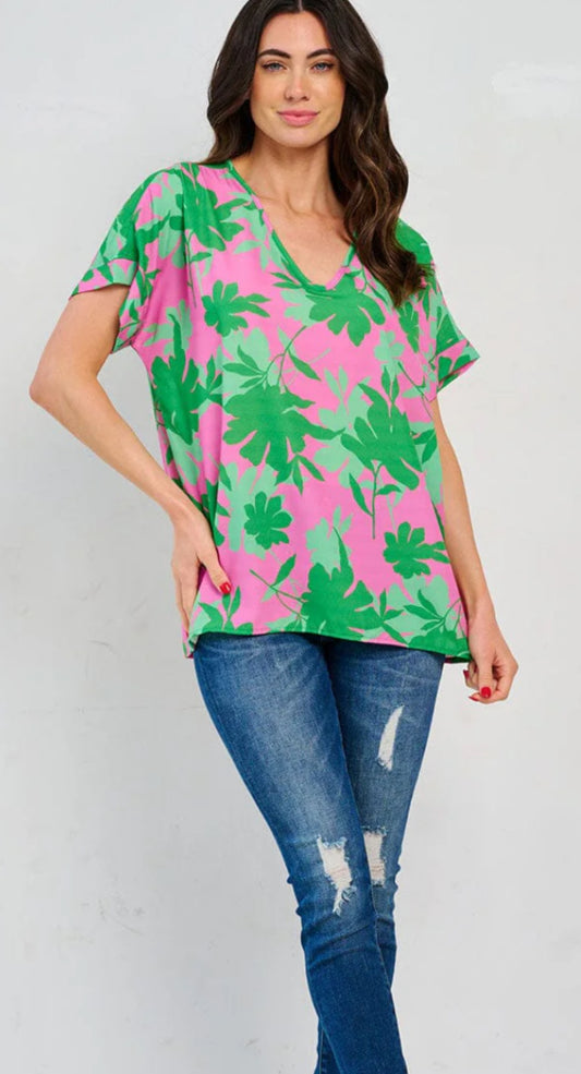 WOMEN'S SHORT SLEEVE V-NECK FLORAL PRINT BLOUSE