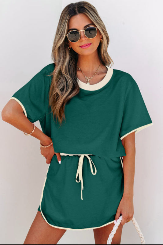 Evergreen Colorblock Edge Drop Shoulder T Shirt and Skort Set