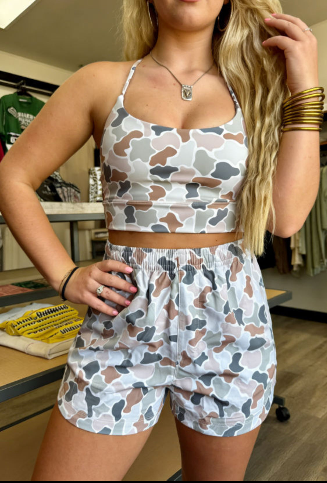 Multicolour Camouflage Printed Cropped Tank Athleisure 2pcs Short Set
