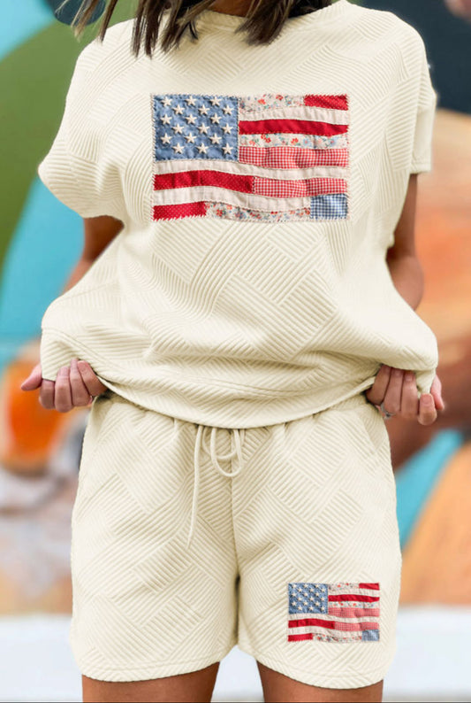 Apricot Stylish Textured Patchwork Flag Printed Short 2pcs Set