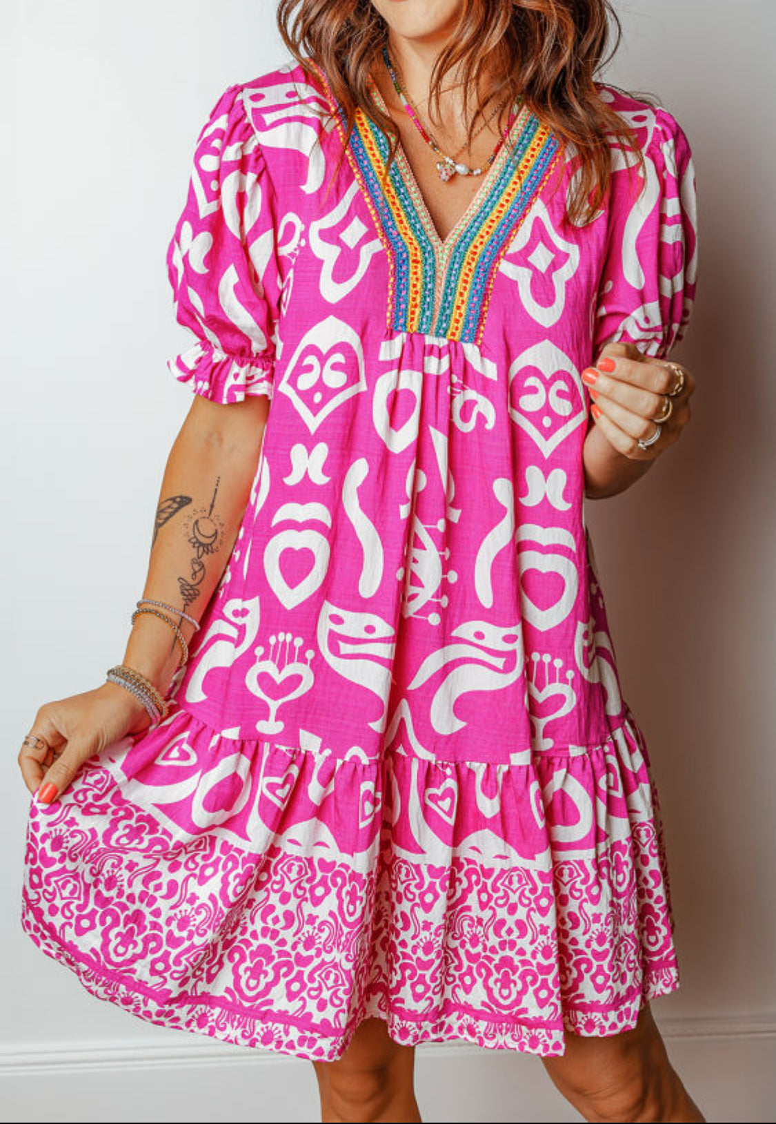 Rose Boho Mixed Print Contrast Trim V Neck Short Sleeve Flared Dress