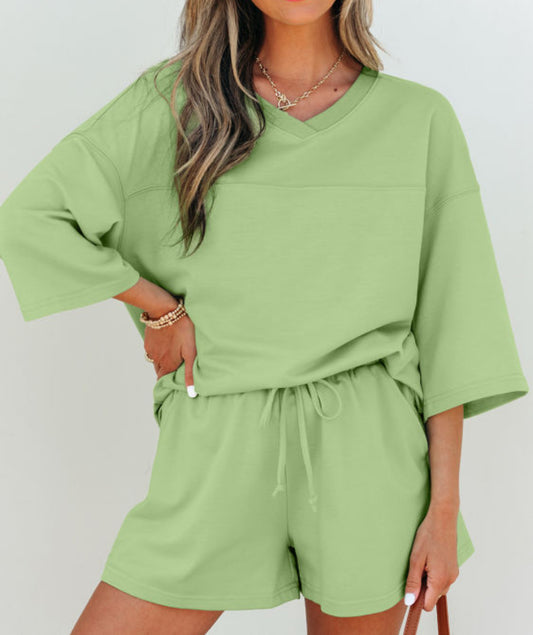 Meadow Mist Green Solid Loose V Neck Half Sleeve Tee and Shorts Set