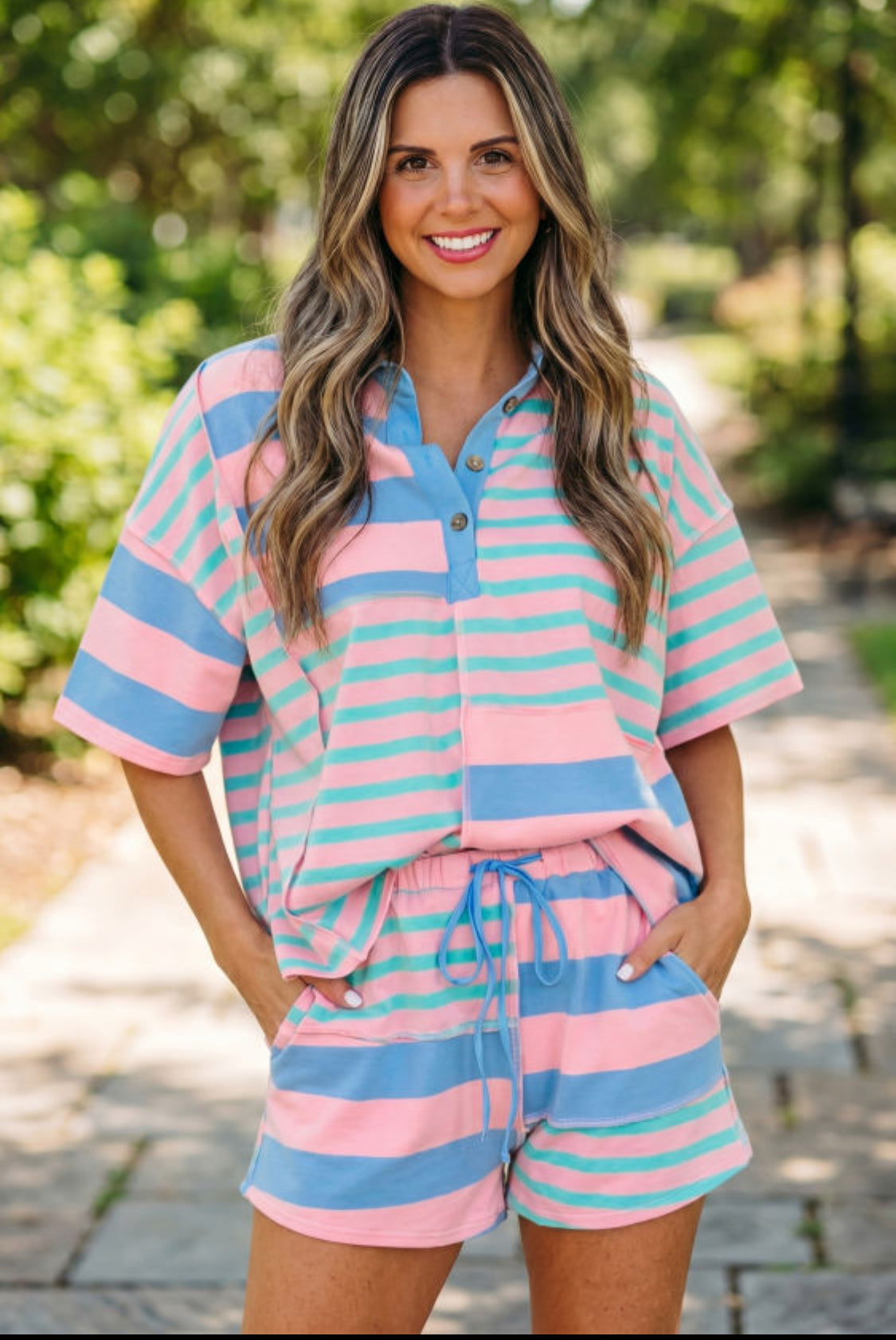 Pink Stripe Exposed Seam Mixed Patchwork Loose Short Set