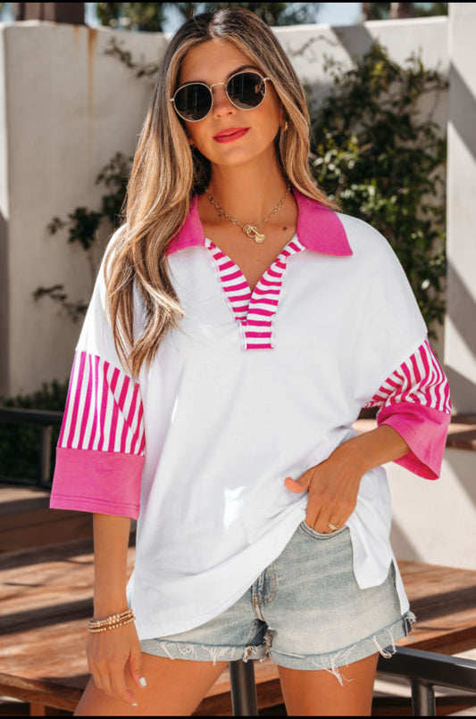White Striped Color Block Patchwork Polo Collar Half Sleeve T Shirt