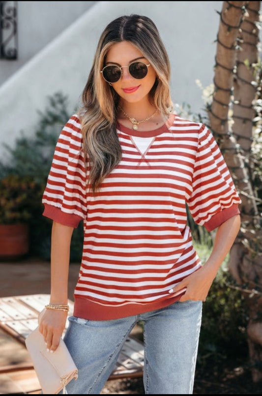 Orange Stripe Short Bubble Sleeve Top