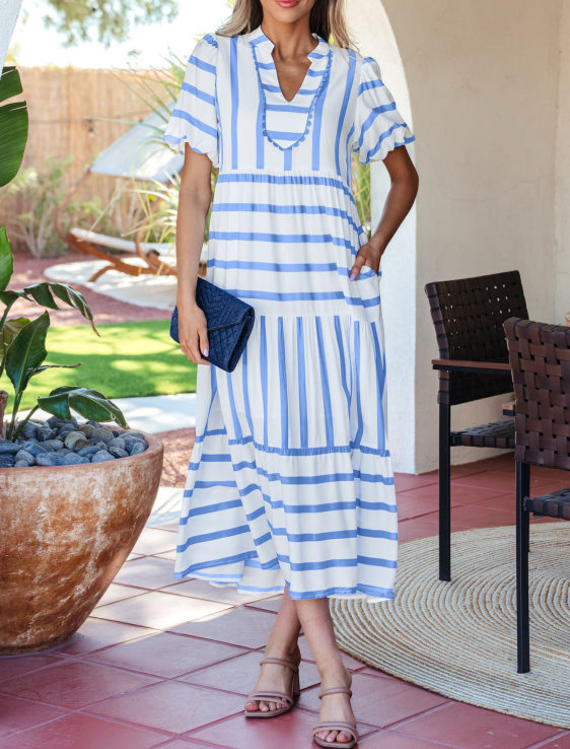 Sky Blue Stripe Ricrac Trim Notched Neck Half Sleeve Dress