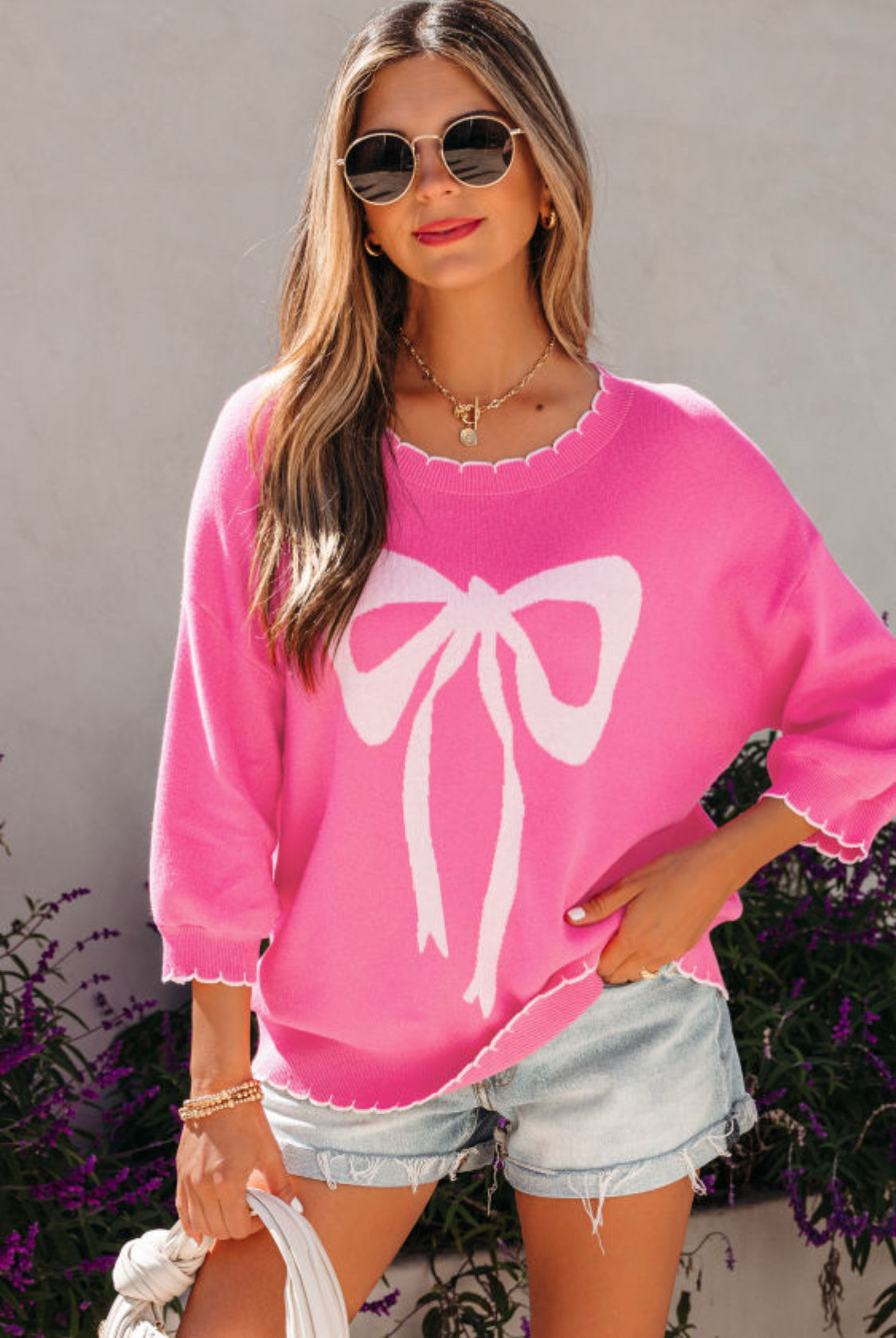 Sachet Pink Big Ribbon Bow Print Contrast Stitch Trim Drop Shoulder Sweater