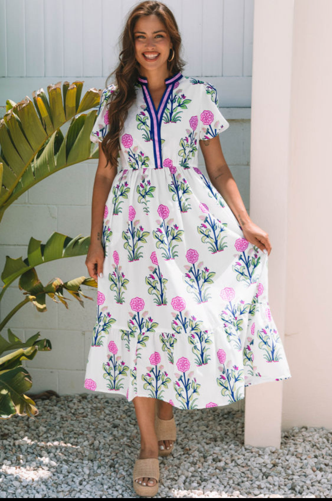 White Floral Puff Short Sleeve V Neck High Waist Maxi Dress