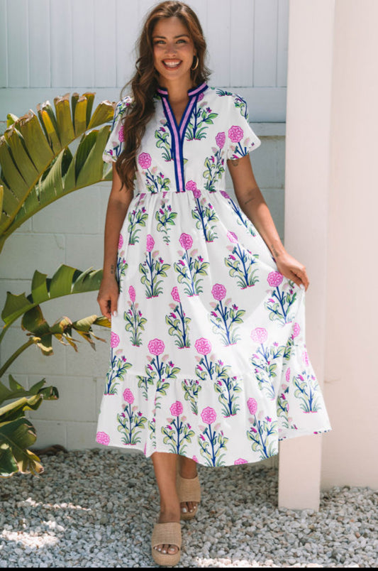 White Floral Puff Short Sleeve V Neck High Waist Maxi Dress