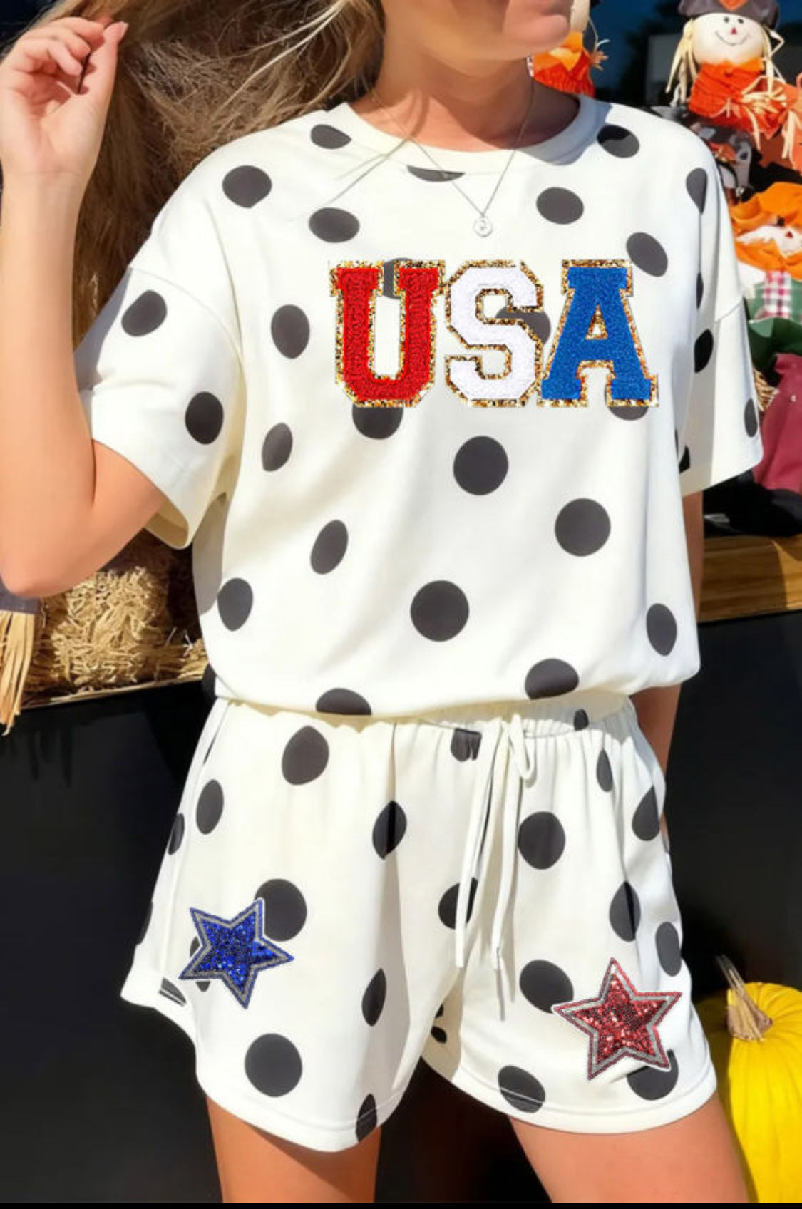 Black Polka Dot USA Patriotic Chenille Sequin Graphic 2-Piece Set