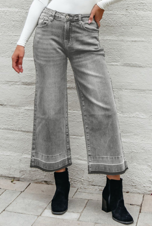 Gray Raw Hem Straight Leg Loose High Waist Jeans