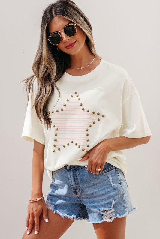 Beige Star Print Stud Detail Cotton Jersey Top