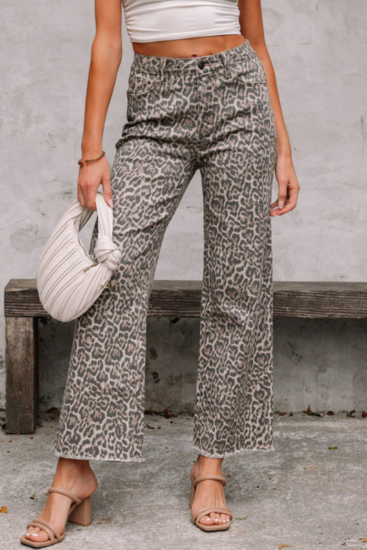Brown Leopard Frayed Edge Wide Leg High Waist Jeans