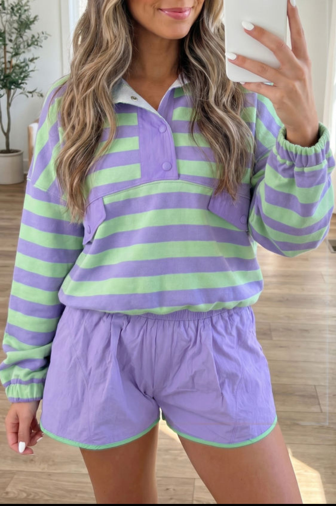Purple Stripe Snap Button Long Sleeve Henley Top Contrast Shorts Two Piece Set