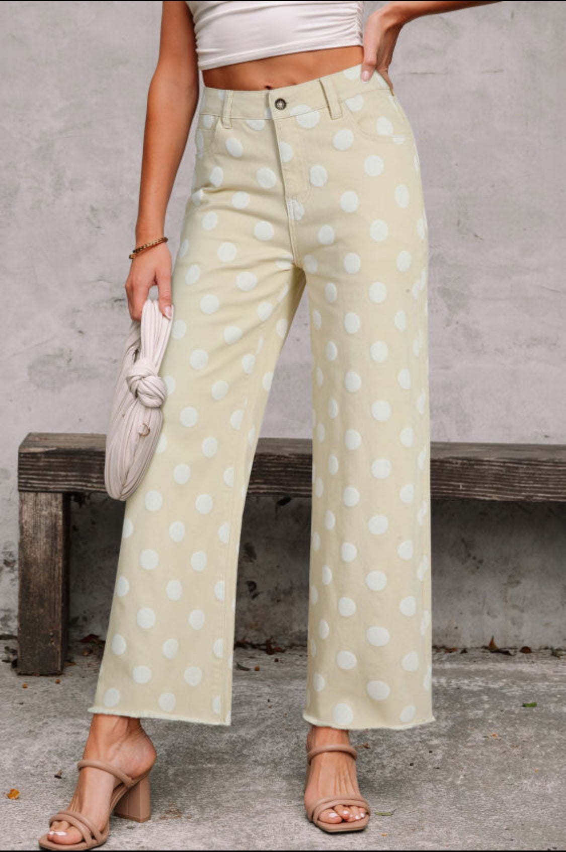 Khaki Polka Dot Print Raw Hem Shift Jeans