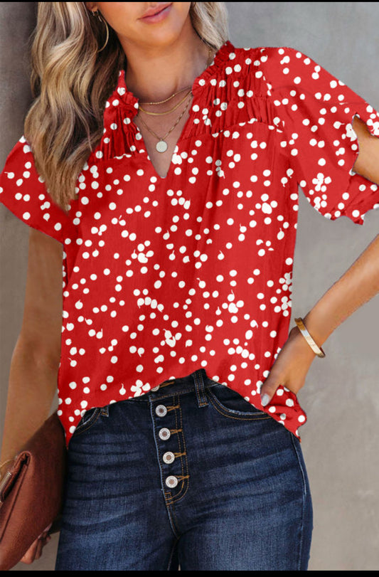 Red Polka Dot Print Frilly Smocked Neck Short Sleeve Blouse