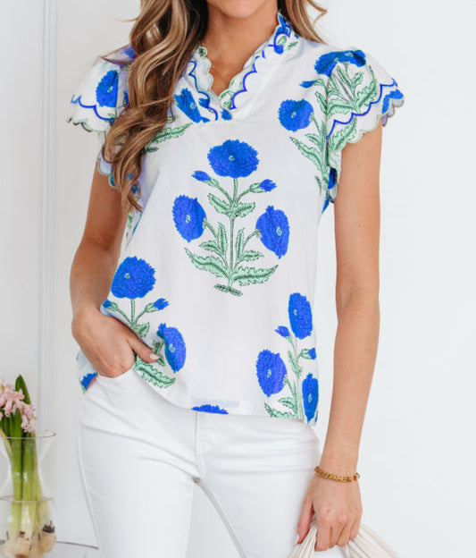Blue Wild Flower Print Contrast Trim Scallop Detail Short Sleeve Blouse