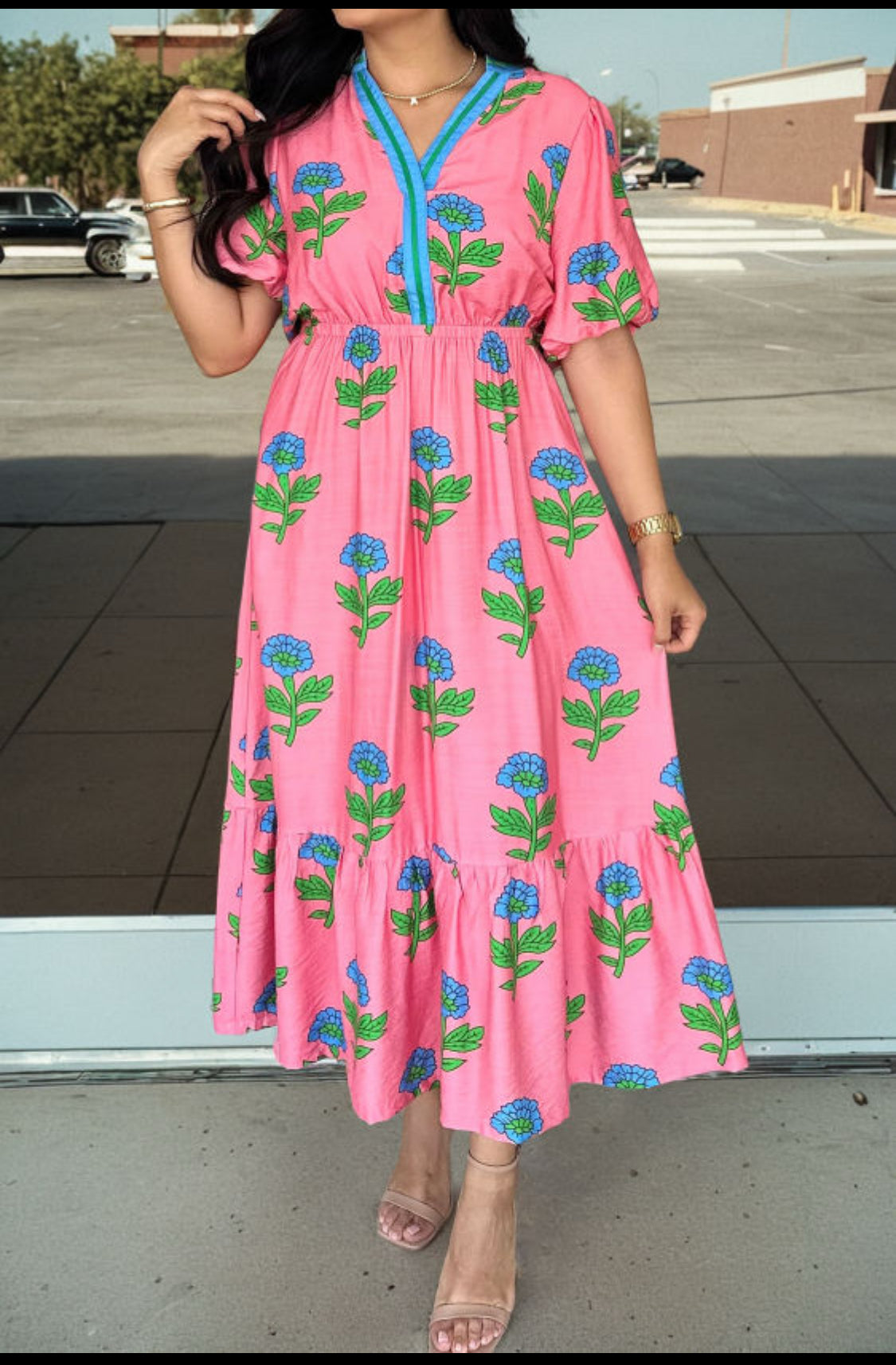 Pink Plus Size Striped V Neck Ruffled Floral Dress