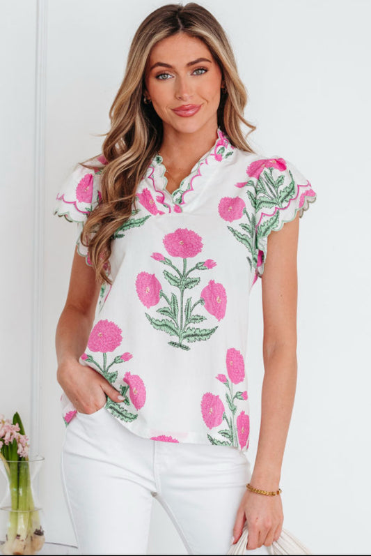 Pink Wild Flower Print Contrast Trim Scallop Detail Short Sleeve Blouse