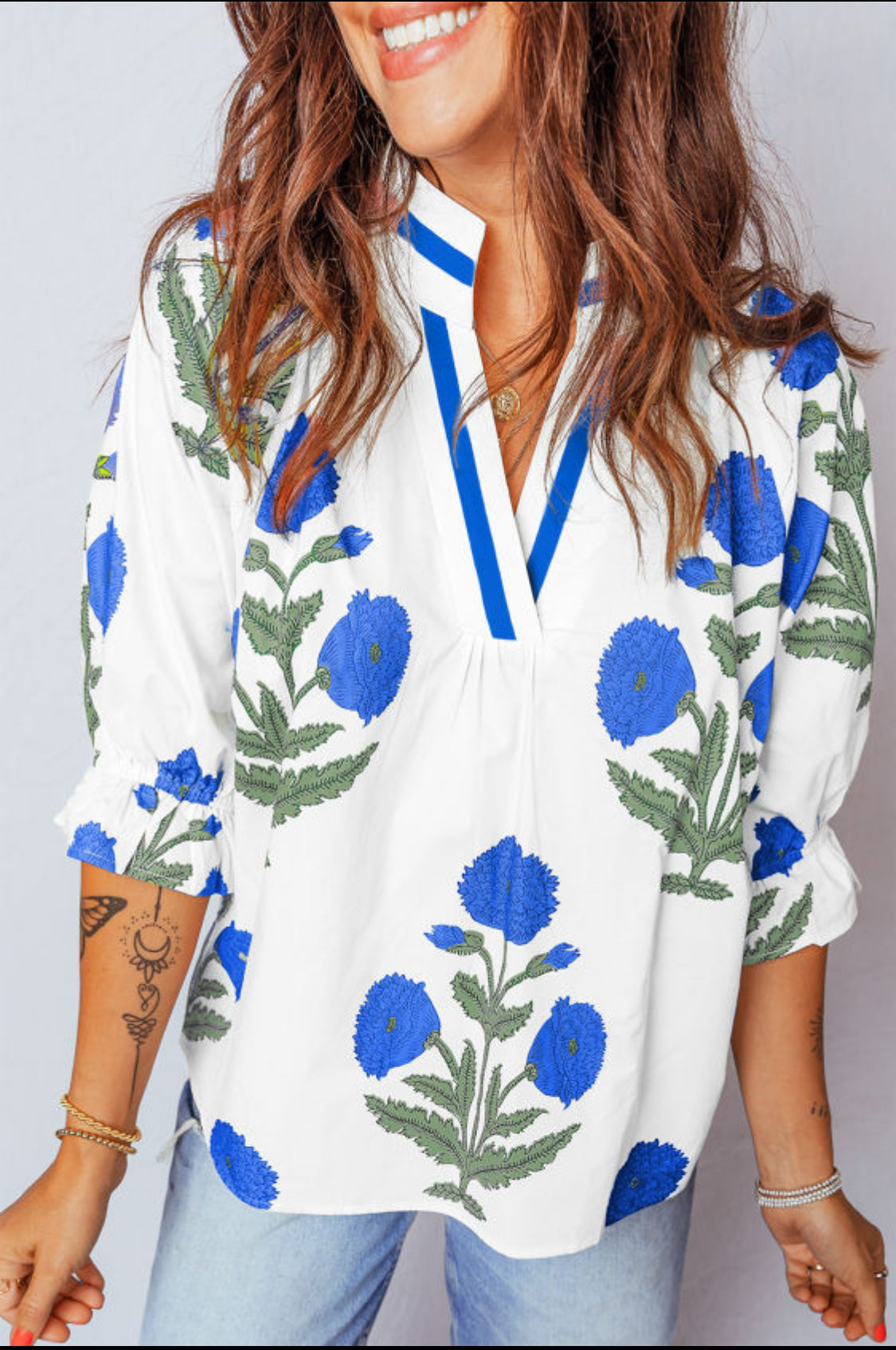Sky Blue Casual Wild Flower Print V Neck 3/4 Sleeve Blouse