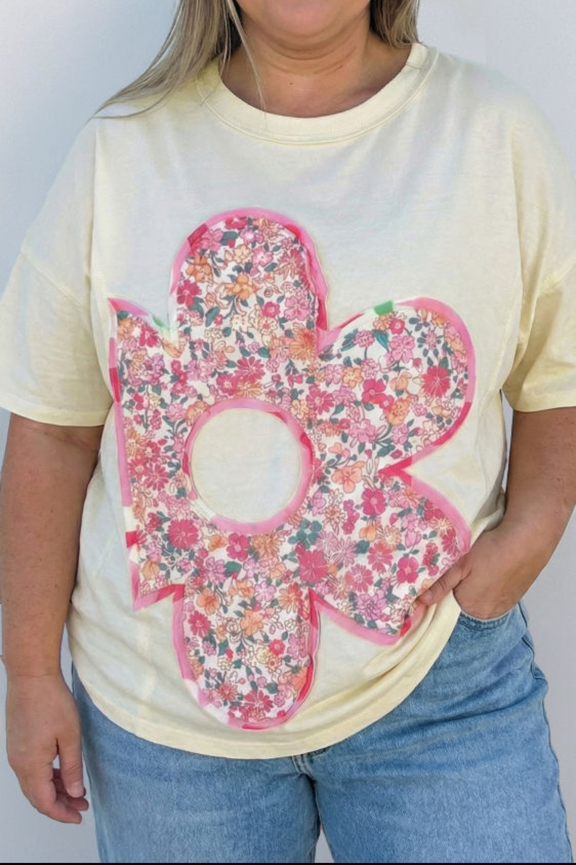 Jet Stream Floral Patched Raw Seam Big Flower Oversize Tee