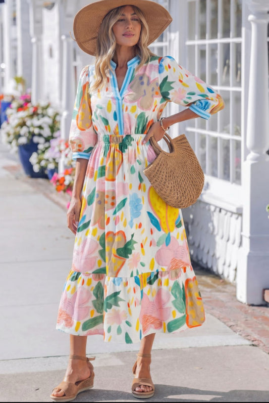 Multicolour Floral Doodle Print Striped Trim V Neck Midi Dress