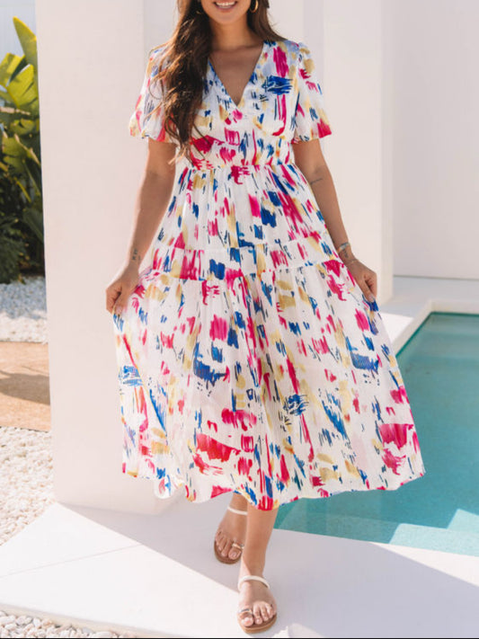 Rose Abstract Print Short Puff Sleeve Tiered Maxi Dress