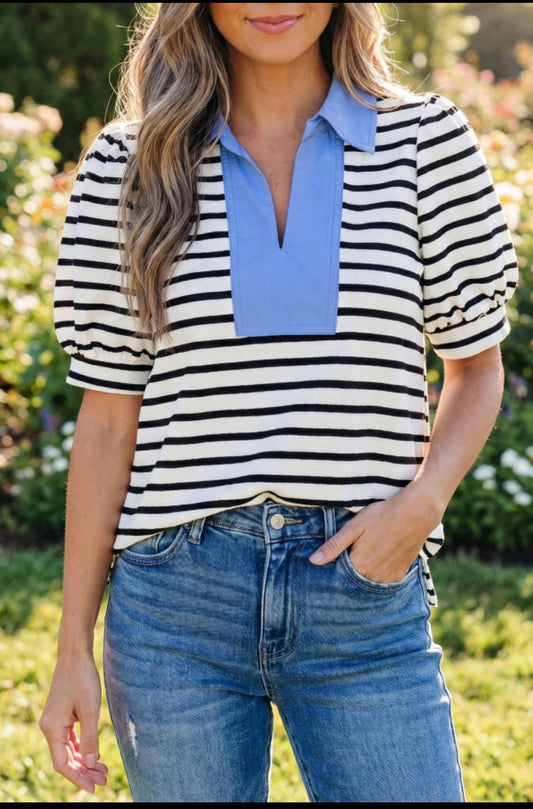 Black Stripe Short Puff Sleeve Color Block Polo Collar Blouse