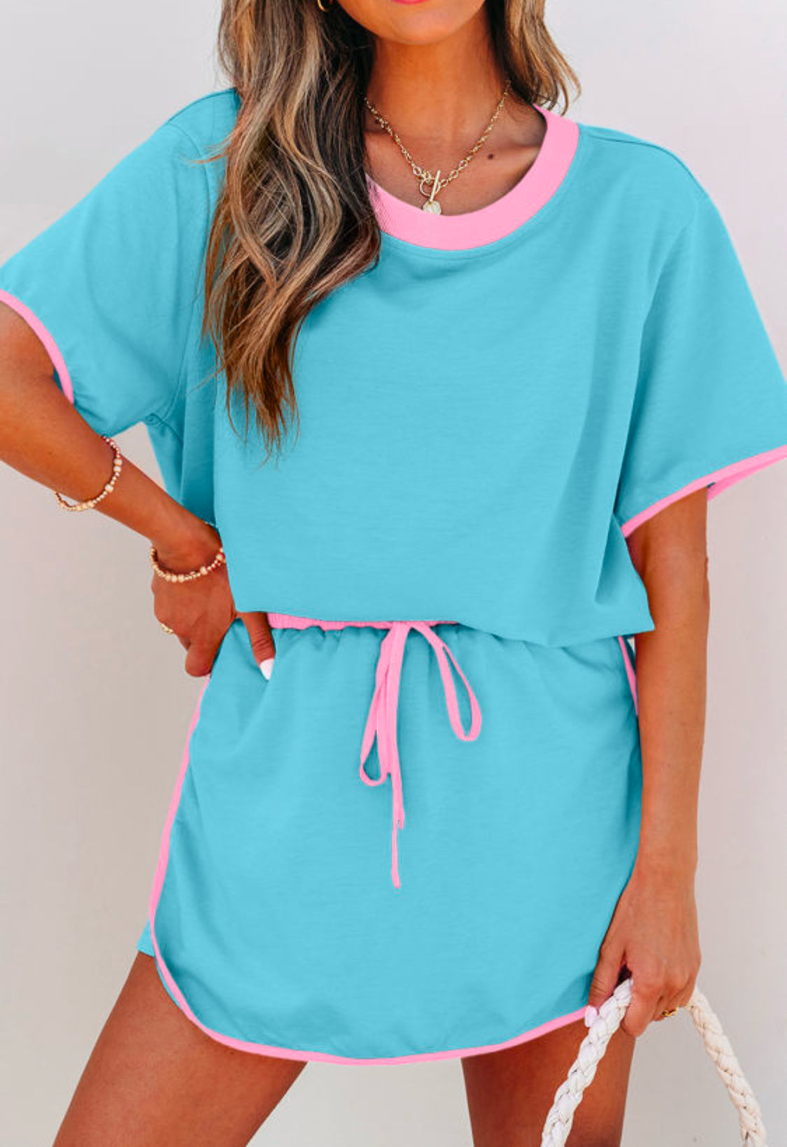 Blue Pink Colorblock Edge Drop Shoulder T Shirt and Skort Set