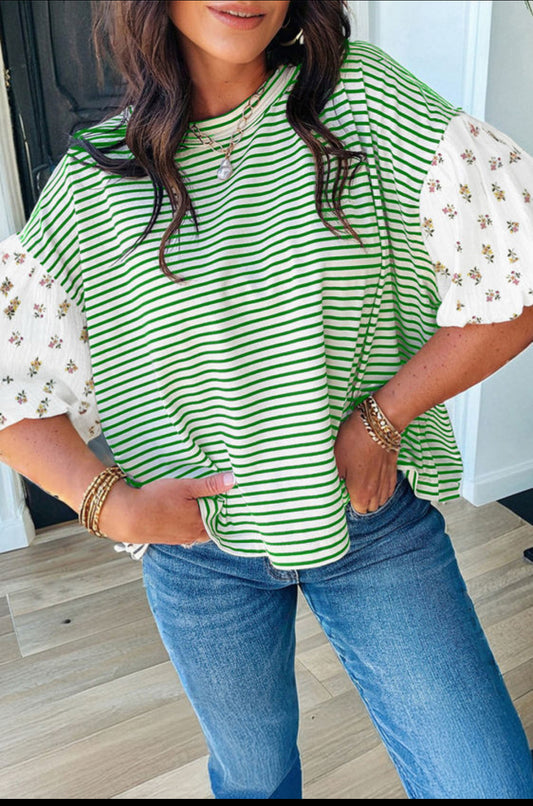 Green Stripe Floral Puff Sleeve Patchwork Round Neck Loose Top