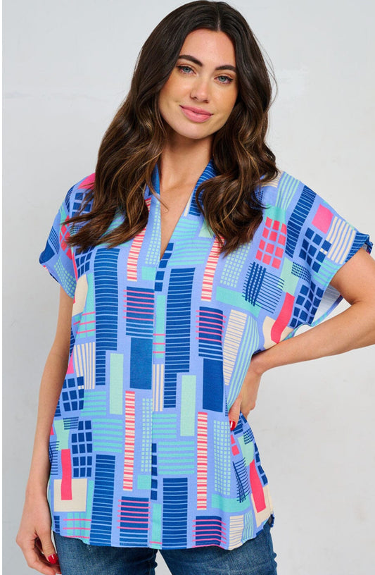 WOMEN'S SHORT SLEEVE V-NECK TUNIC MULTI PRINT BLOUSE
