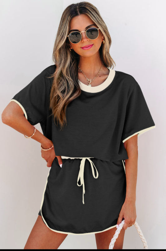 Black Colorblock Edge Drop Shoulder T Shirt and Skort Set