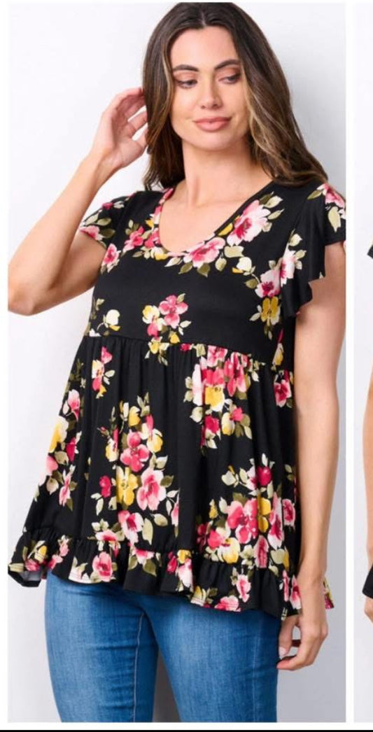 Black floral babydoll top