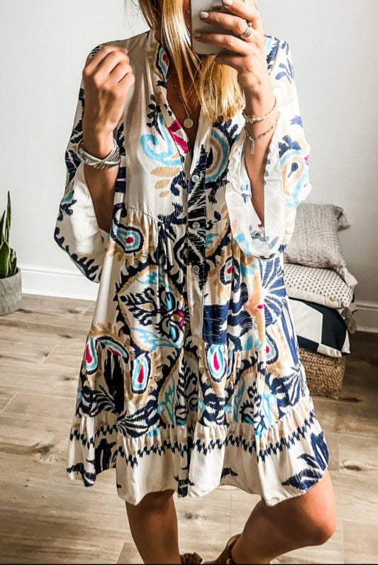 White Abstract Printed Notched V Neck Dress