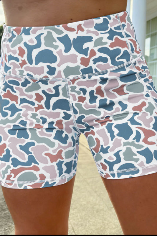 Blue Abstract Camo Printed Seam Detail Bike Shorts