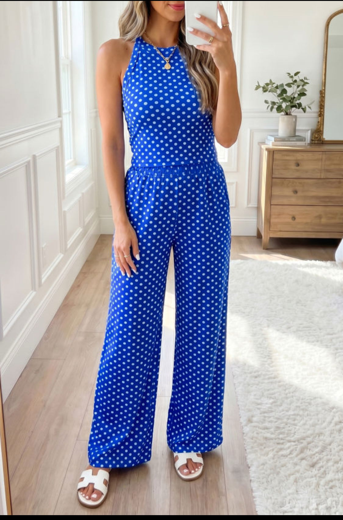 Blue Polka Dot Print Slim Tank Loose 2 pc set