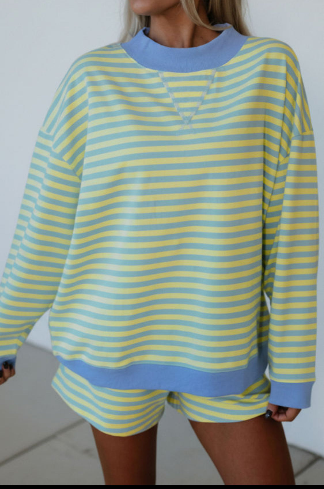 Yellow Stripe Color Block Detail Long Sleeve Pullover Elastic Waist Pull On Shorts 2pcs Set
