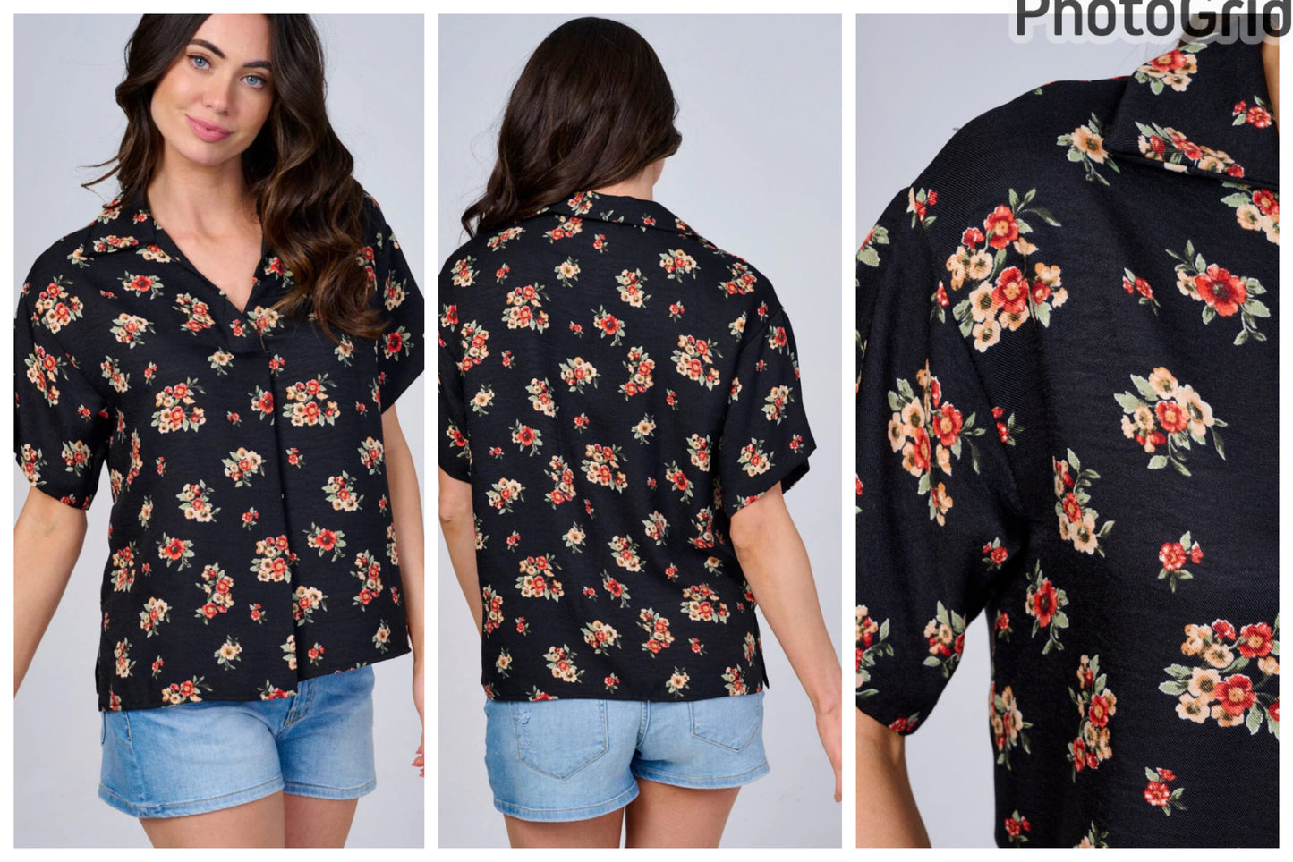 WOMEN'S SHORT SLEEVE V-NECK FLORAL PRINT BLOUSE
