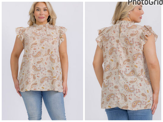 PLUS SIZE RUFFLE SLEEVE MOCK NECK PAISLEY PRINT BLOUSE